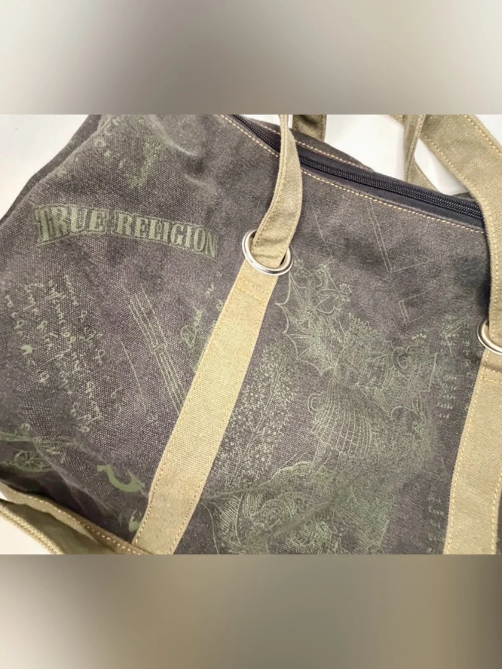 Vtg True Religion Mens TR Canvas Duffle Bag Tan OD Green 20x18x10 like new